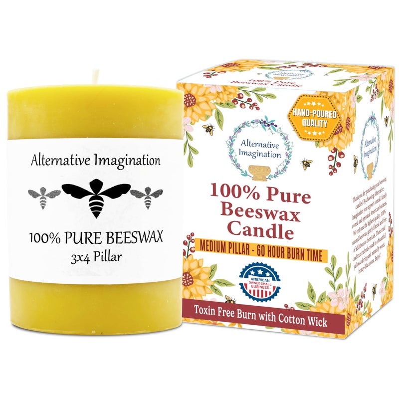 Alternative Imagination â€“ 100% Pure Beeswax Candle â€“ Medium 3x4 Inch Pillar â€“ Long Lasting 60 Hour Burn â€“ Non-Toxic, Unscented & Hypoallergenic â€“ Natural Honey Aroma â€“ Handcrafted from Real Beeswax - Image 1